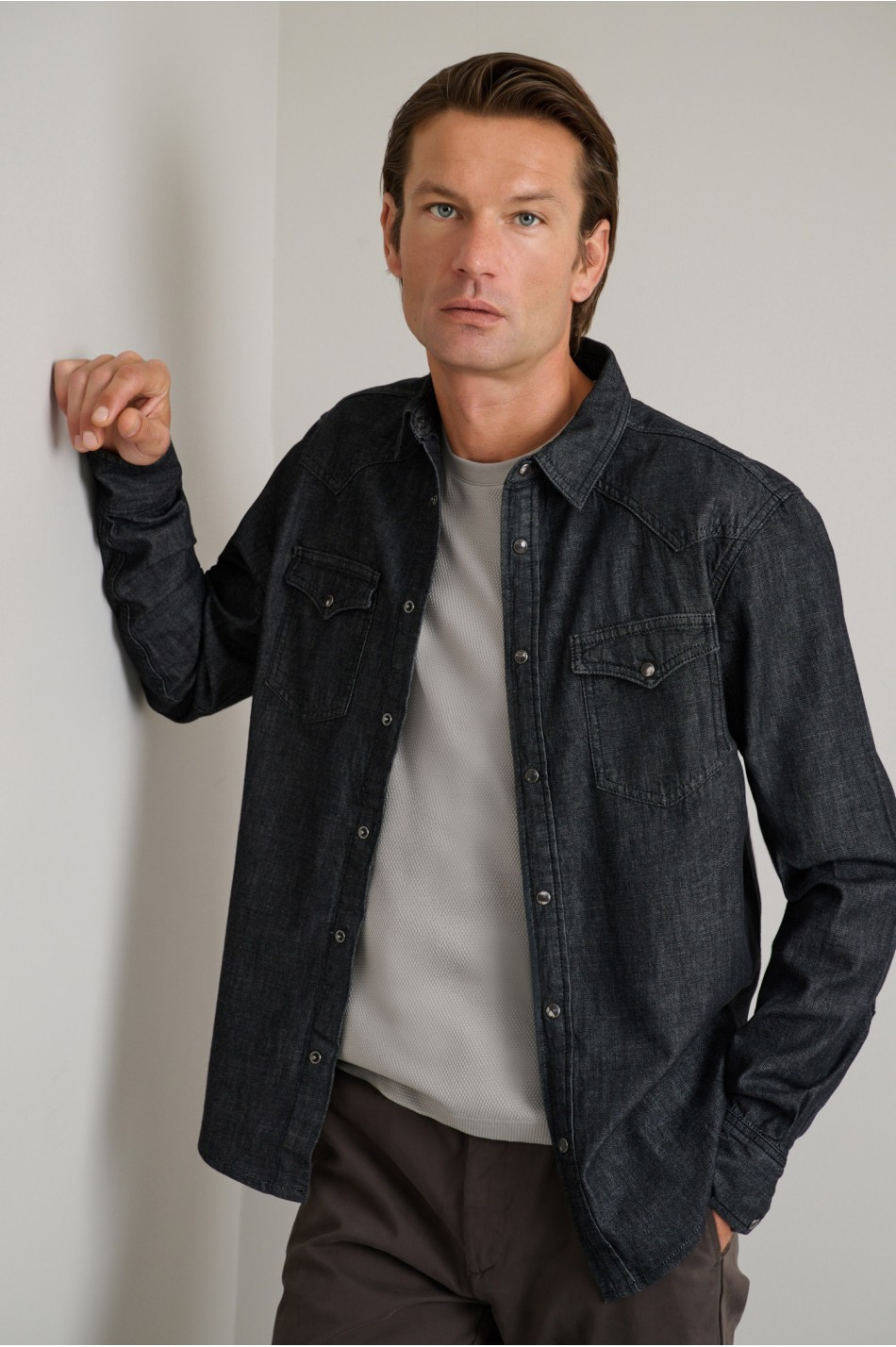 Βαμβακερό denim western overshirt με μαλακό γιακά