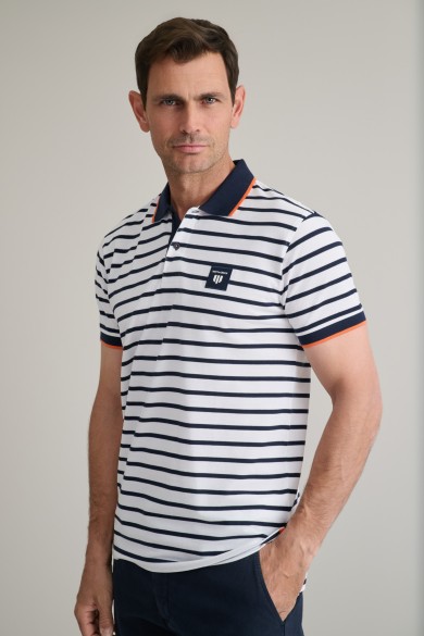 Striped cotton piqué polo shirt with detailing