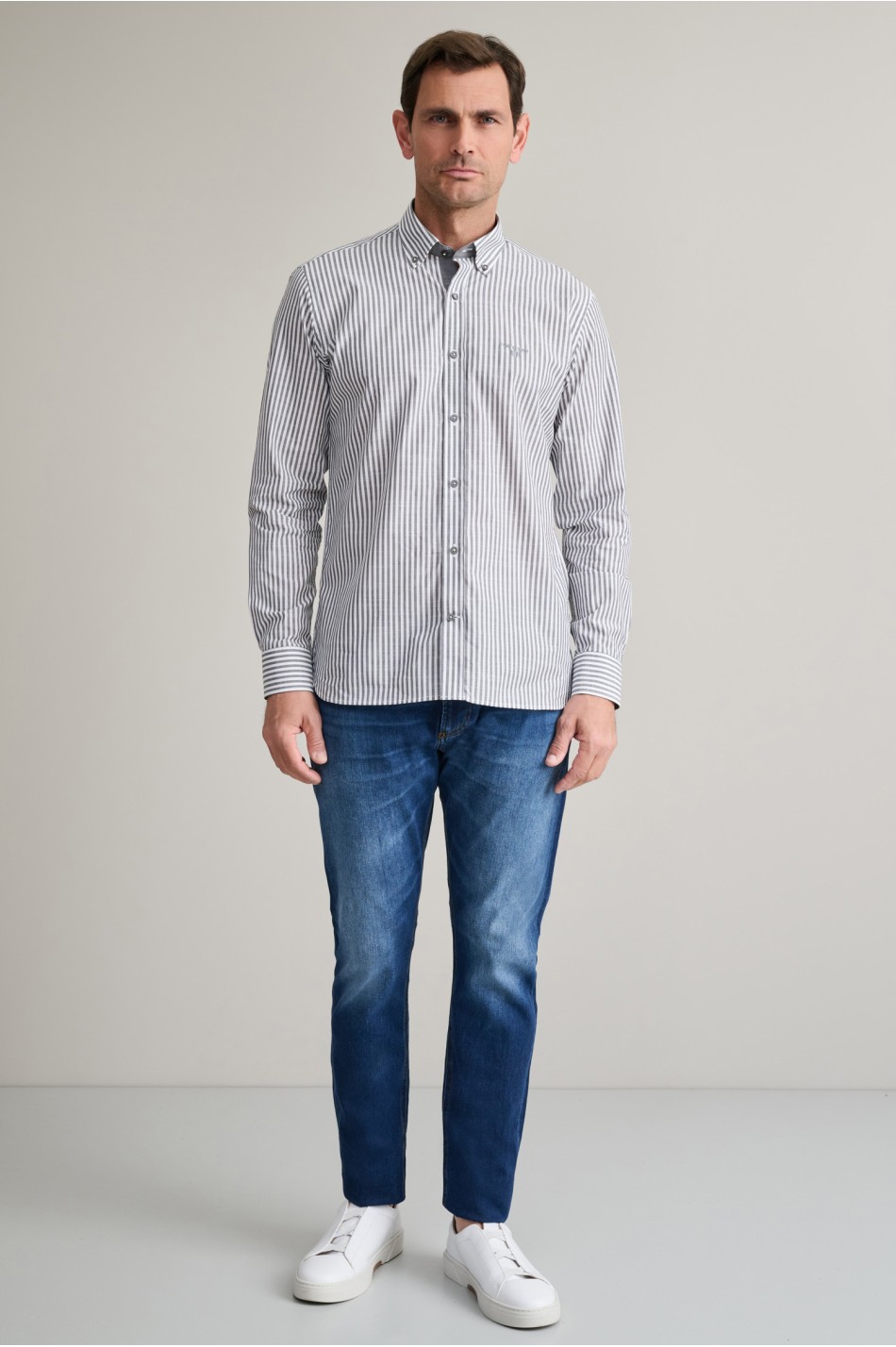 Ριγέ button down βαμβακερό πουκάμισο slubby