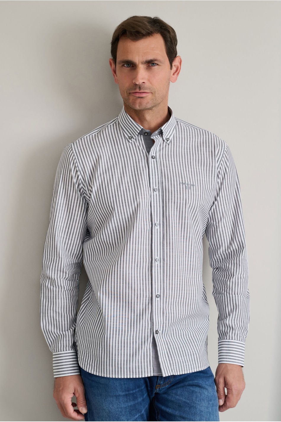 Ριγέ button down βαμβακερό πουκάμισο slubby