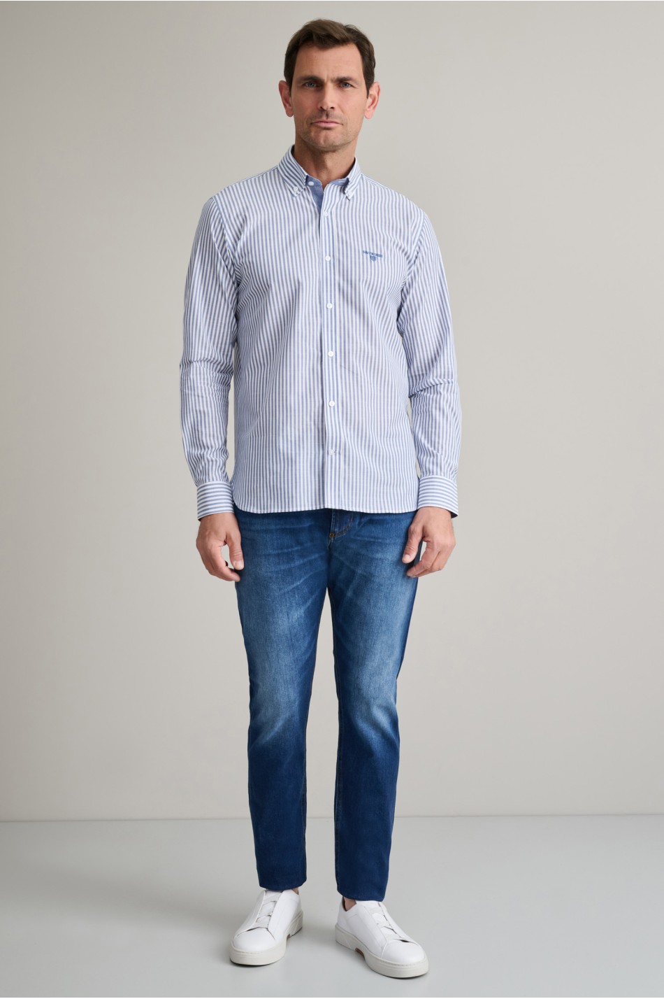 Ριγέ button down βαμβακερό πουκάμισο slubby