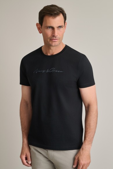 Βαμβακερό t-shirt με λαιμόκοψη & καλλιγραφικό κέντημα