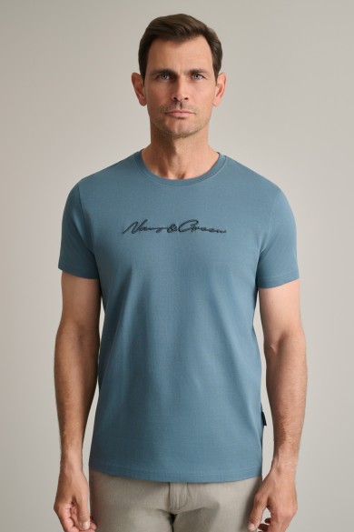 Βαμβακερό t-shirt με λαιμόκοψη & καλλιγραφικό κέντημα