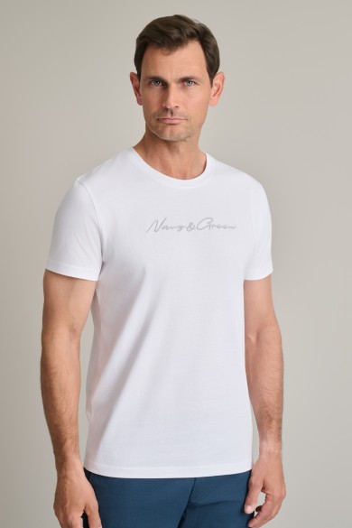 Βαμβακερό t-shirt με λαιμόκοψη & καλλιγραφικό κέντημα