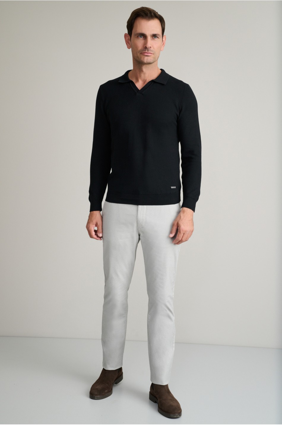 Jacquard βαμβακερό πλεκτό polo χωρίς κουμπιά
