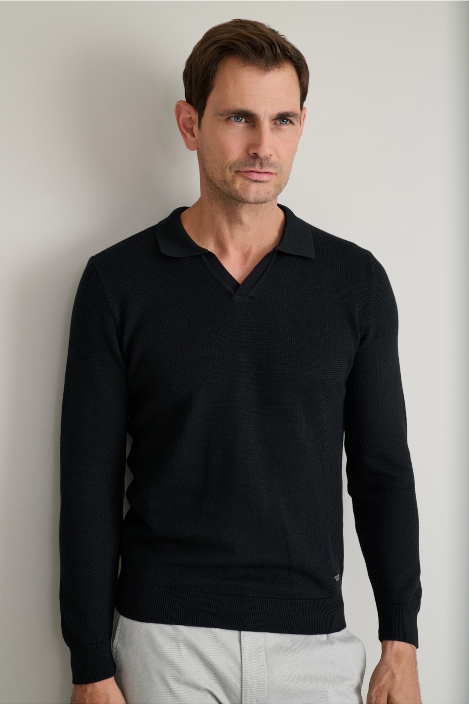 Jacquard βαμβακερό πλεκτό polo χωρίς κουμπιά