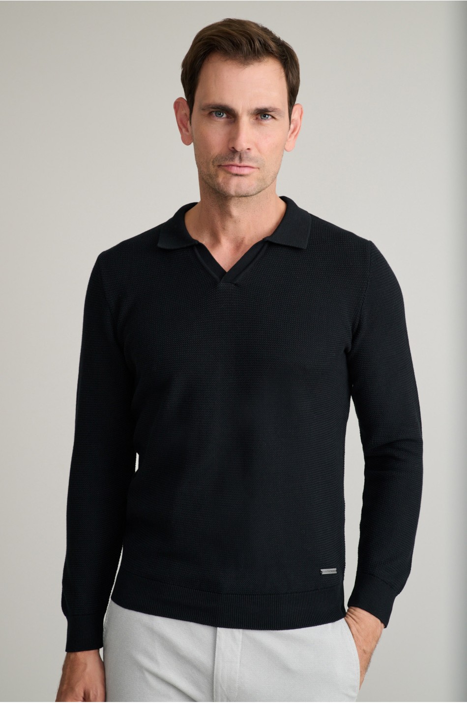 Jacquard βαμβακερό πλεκτό polo χωρίς κουμπιά