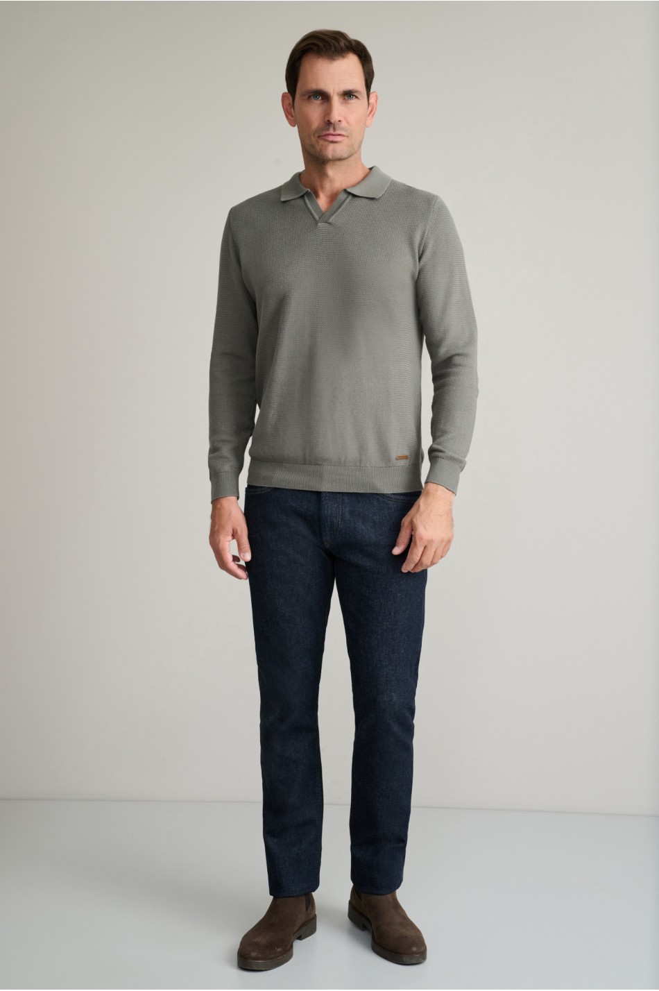Jacquard βαμβακερό πλεκτό polo χωρίς κουμπιά