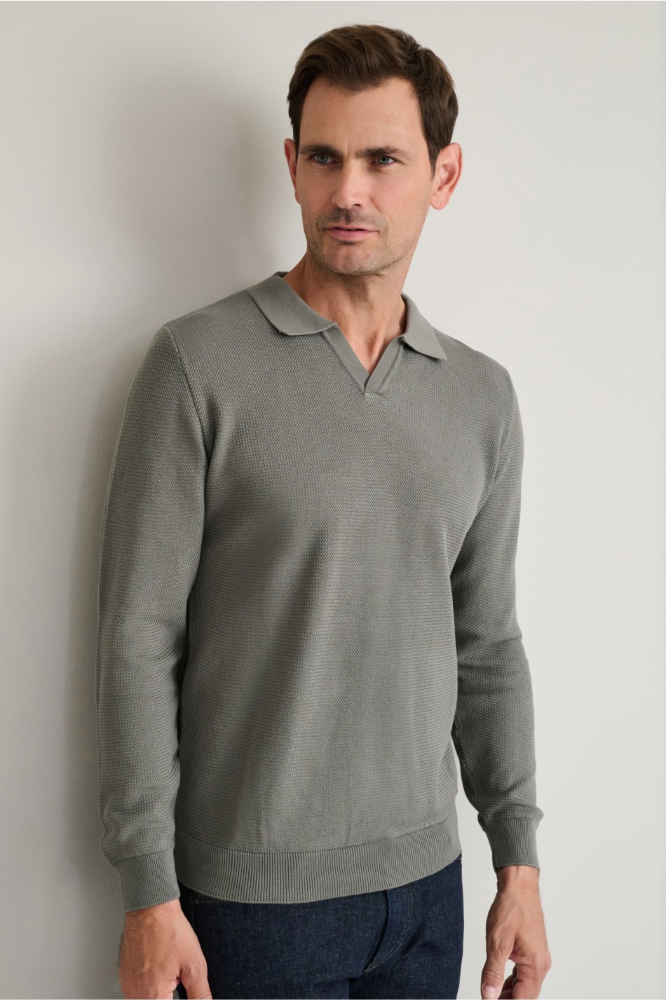 Jacquard βαμβακερό πλεκτό polo χωρίς κουμπιά