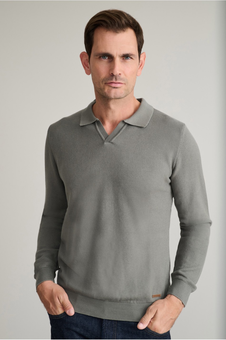 Jacquard βαμβακερό πλεκτό polo χωρίς κουμπιά