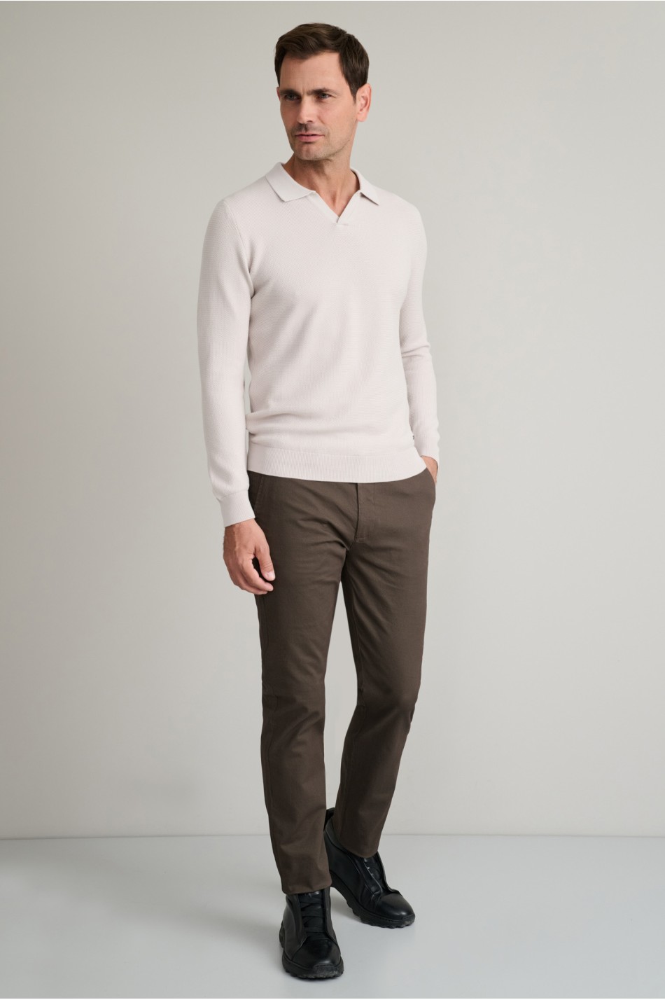 Jacquard βαμβακερό πλεκτό polo χωρίς κουμπιά