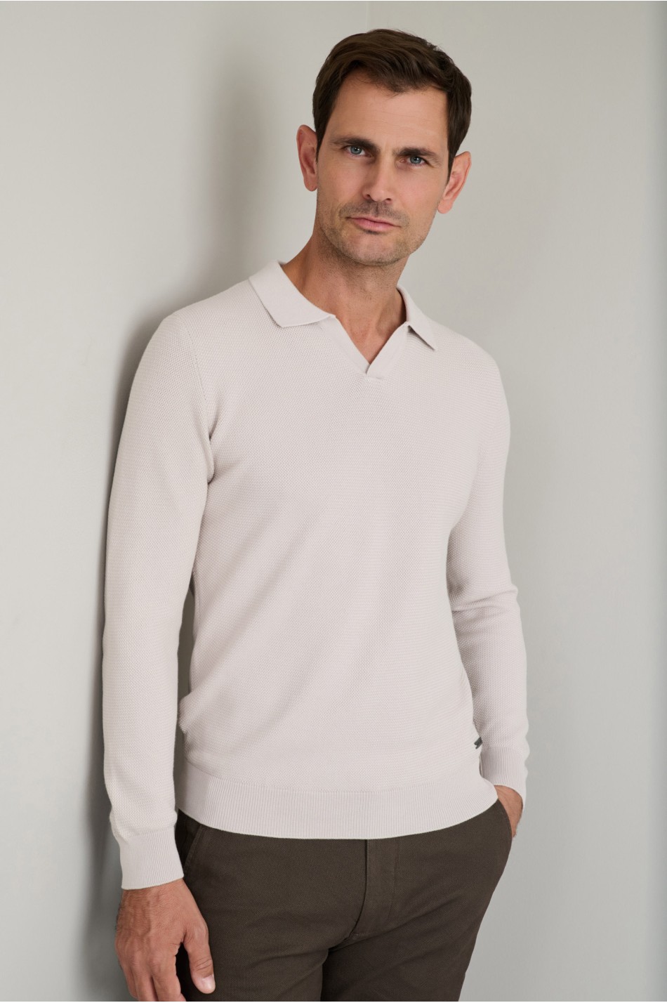 Jacquard βαμβακερό πλεκτό polo χωρίς κουμπιά