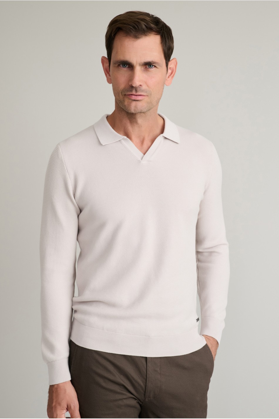 Jacquard βαμβακερό πλεκτό polo χωρίς κουμπιά