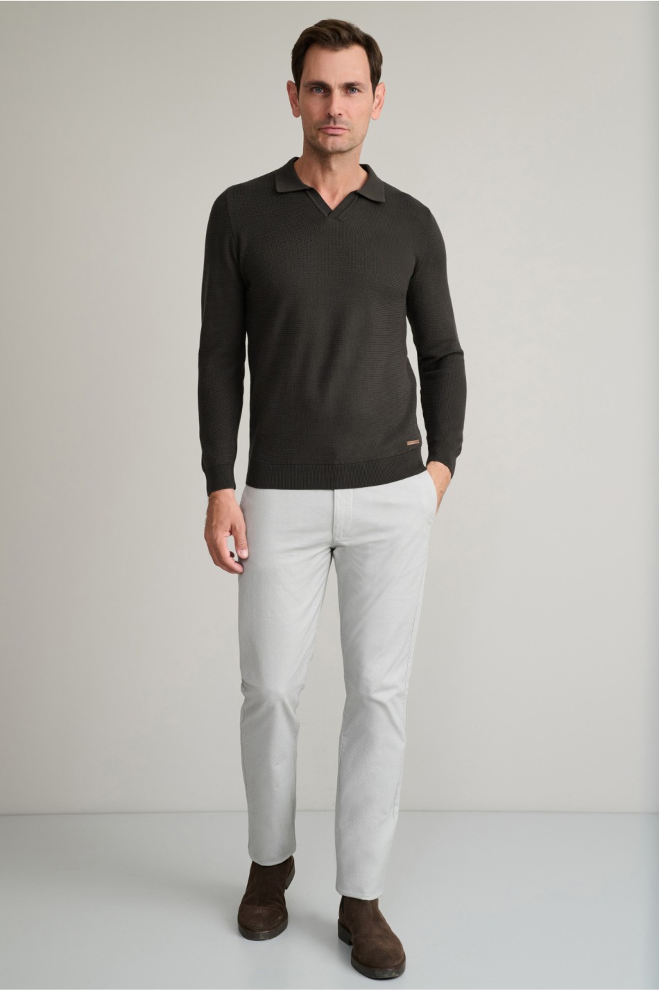 Jacquard βαμβακερό πλεκτό polo χωρίς κουμπιά