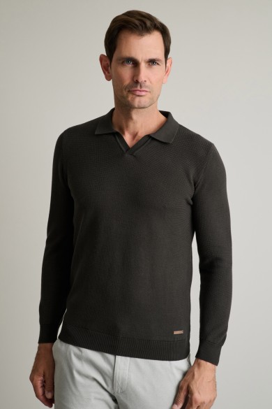 Jacquard βαμβακερό πλεκτό polo χωρίς κουμπιά